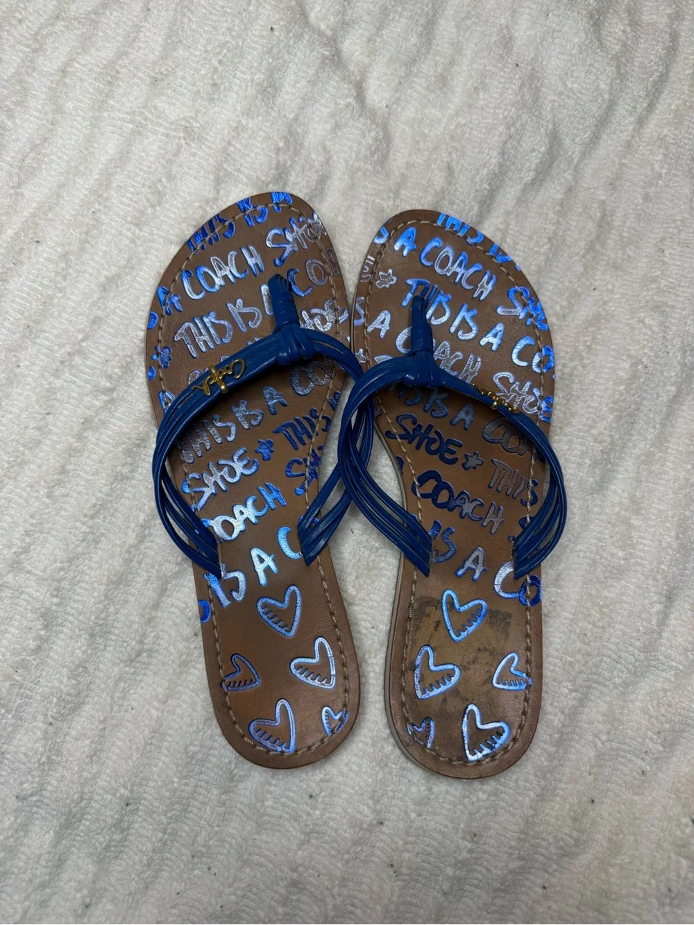 Coach Blue Thong Sandals Flip Flops Graffiti Print Size 6